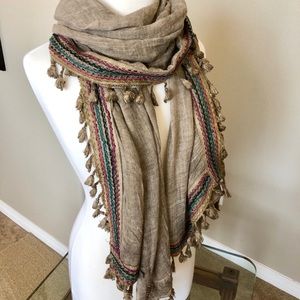 Boho Trim Mocha Neutral Tassel Scarf Wrap Sarong